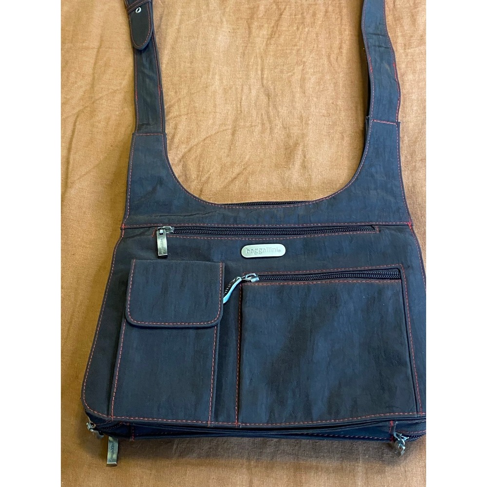Baggallini Crossbody Purse Travel Bag Dark Brown Red Stitching sku16